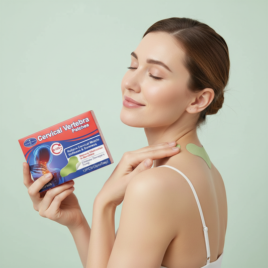 Persona aplicando parches cervicales en la espalda